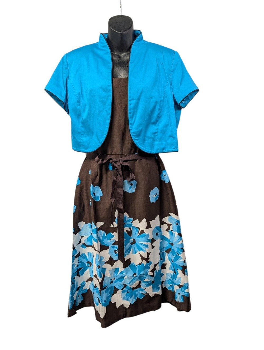 Studio I Womens Brown Blue White Floral 2 Pc Satin Dress Jacket Set Sz 12 NWOT